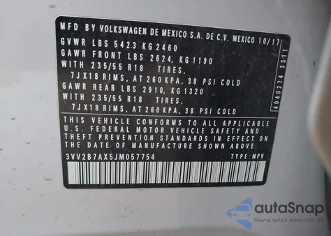 2018 Volkswagen Tiguan 2.0T Se/2.0T Sel from USA, damaged, VIN 3VV2B7AX5JM057754